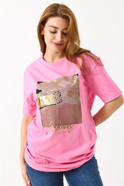 Kadın Parlak Baskılı Bisiklet Yaka Tshirt Pembe