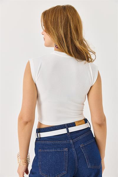 Kadın Taşlı Fitilli Crop Bluz Beyaz