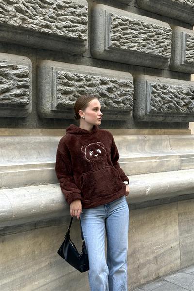 Kapüşonlu Nakış İşlemeli Peluş Sweatshirt  Kahverengi