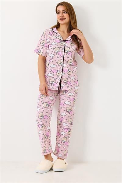 Kadın Bulut Baskılı Pijama Takımı Pembe
