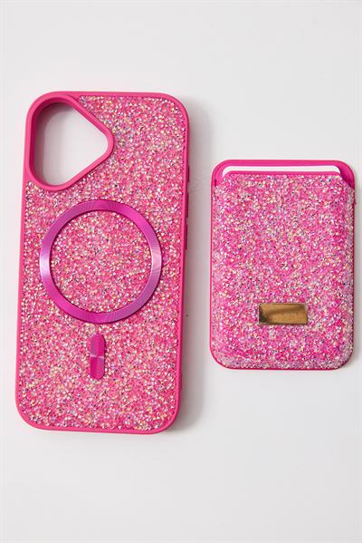 İphone 17 Uyumlu Parlak ve Taşlı Kart Bölümlü Kılıf  Pembe