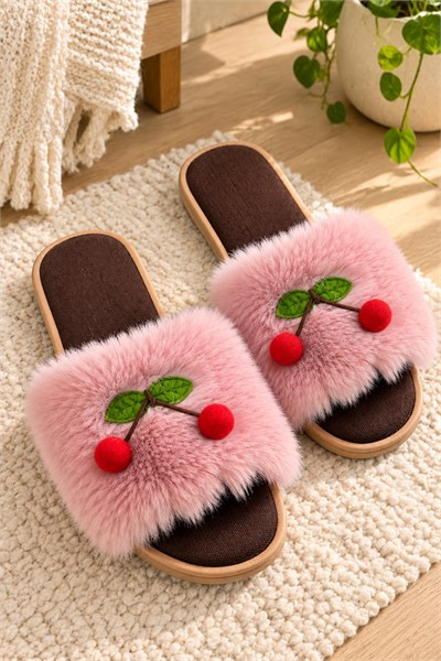 Kiraz Figürlü Peluş Ev Terliği Pembe