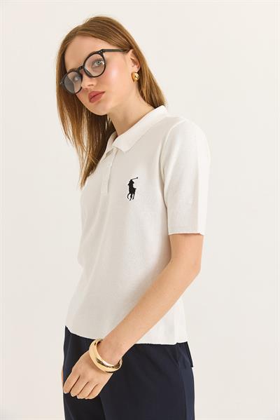 Nakışlı Polo Yaka Düğme Detaylı Triko Tshirt	Beyaz