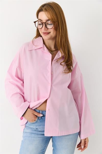 Kadın Bol Kesim Basic Gömlek Pembe