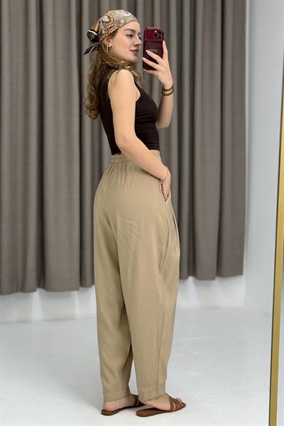 Kadın Şalvar Tipi Salaş Bel Bağcıklı Pantolon Vizon