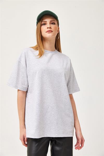 Basic Bisiklet Yaka Tshirt Gri