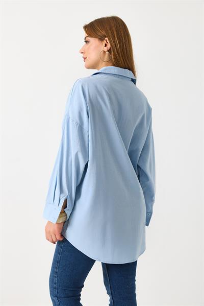 Kadın Taş Detaylı Oversize Şık Gömlek Mavi