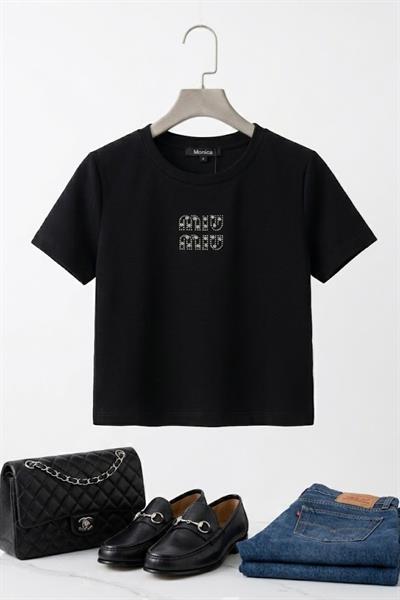 Kadın Bisiklet Yaka Kısa Kollu Crop Bluz Siyah