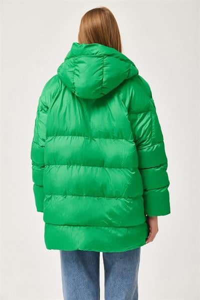 Kapüşonlu Oversize Şişme Mont Yeşil