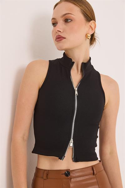 Fermuar Detaylı Fitilli Şık Örme Bluz Siyah