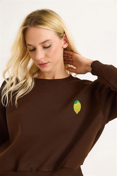 Limon Nakışlı Üç İplik Swetshirt Kahverengi