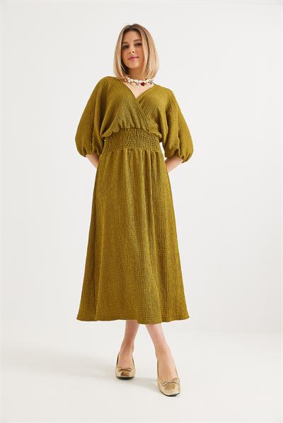 Beli Gipeli Kruvaze Yaka Midi Elbise Haki