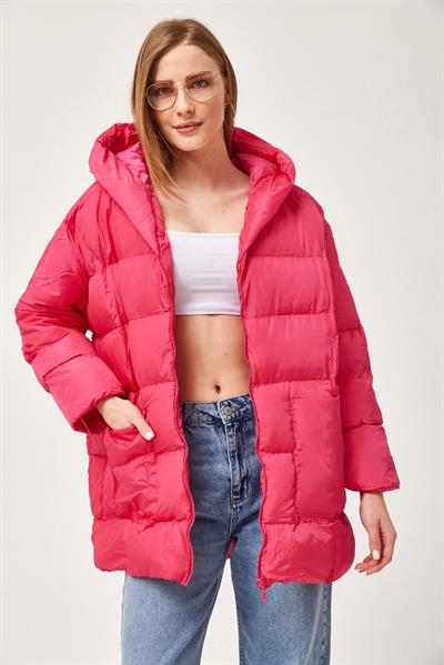 Kapüşonlu Oversize Şişme Mont Fuşya