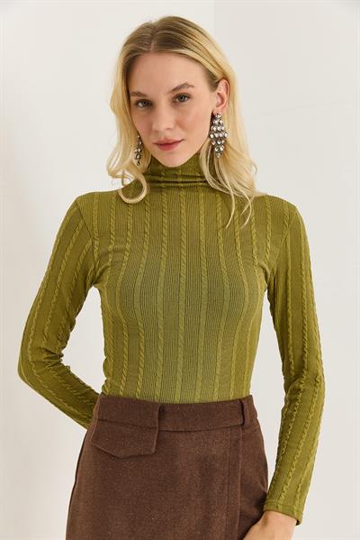 Kadın Balıkçı Yaka Triko Esnek Kazak Yağ Yeşili