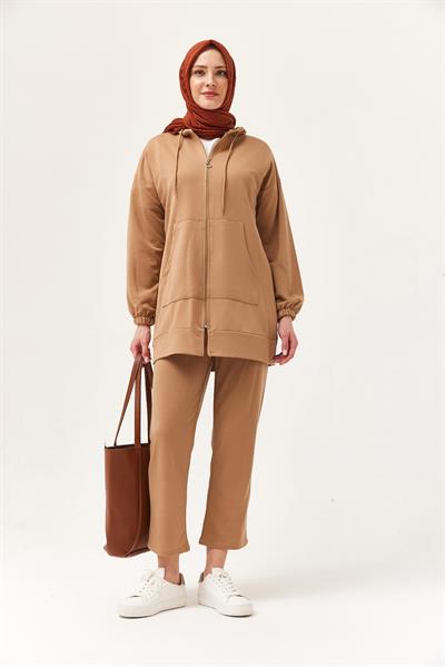 Kadın Kapüşonlu Fermuarlı İkili Takım Vizon