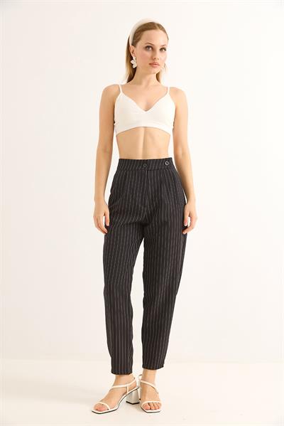 Kemeri Çift Düğmeli Çizgili Palazzo Pantolon Siyah