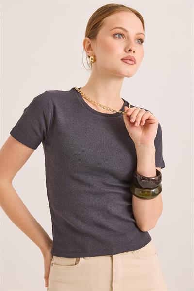 Yuvarlak Yaka Zincir Detaylı Örme Kaşkorse Bluz Füme