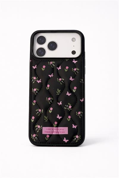 İphone 17 Pro Max Uyumlu Çiçek Desenli Kabartmalı Kılıf Siyah