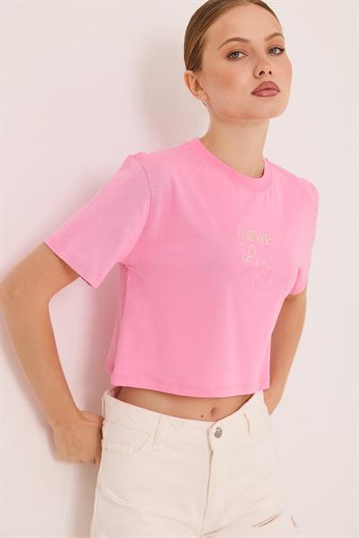 Nakışlı Örme Pamuk Crop Tshirt Pembe