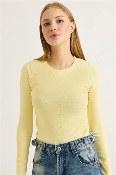 Kadın Ottoman Bisiklet Yaka Taşlı Bluz Sarı