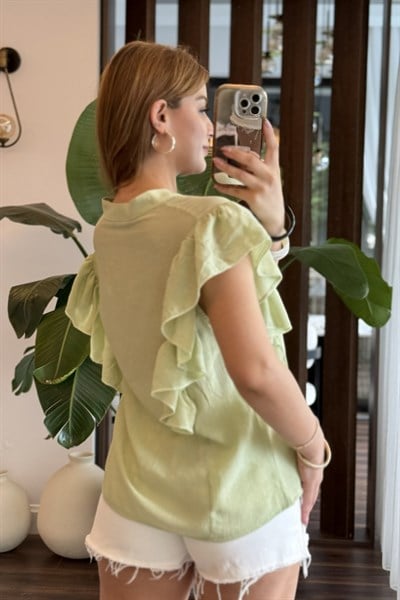 Omuzları Fırfır Detaylı Bluz Fıstık Yeşili