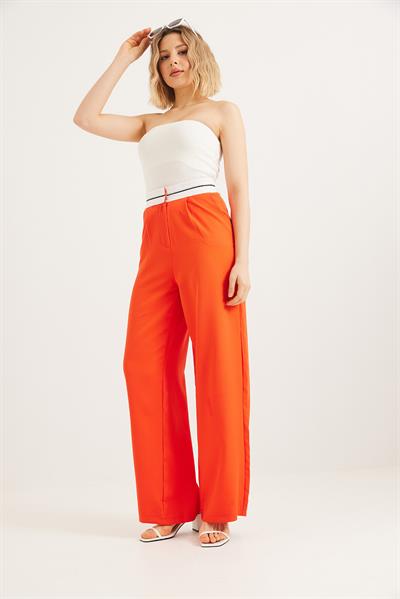 Beli Şeritli Bol Paça Pantolon Turuncu