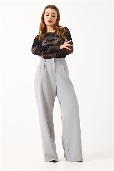 Kadın Yan Kemer Detaylı Bol Kesim Pantolon Gri