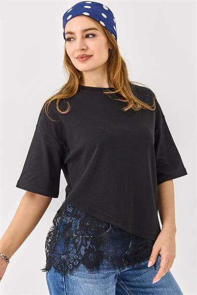 Bisiklet Yaka Dantel Detaylı Şık Tshirt Siyah