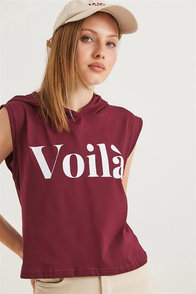 Kapüşonlu Sıfır Kol Baskılı Tshirt Bordo