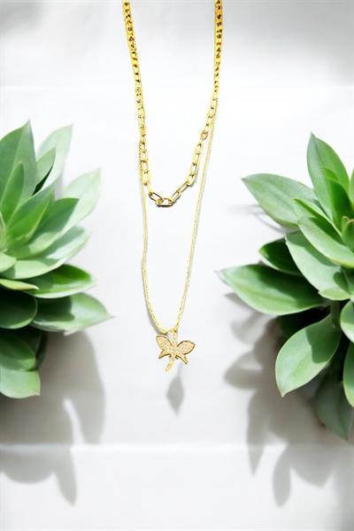 Kelebek Model İki Zincirli Taşlı Kolye Gold