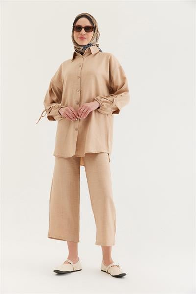 Kol Büzgülü Gömlek Pantolon İkili Takım Krem