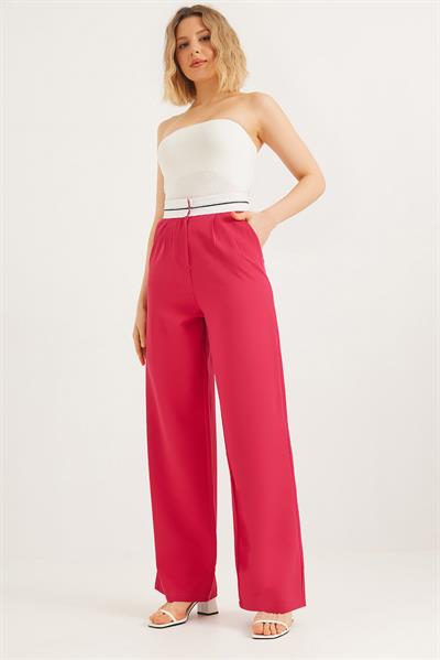 Beli Şeritli Bol Paça Pantolon Fuşya