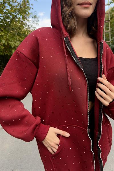 Kadın Taş Detaylı Üç İplik Oversize Kanguru Cep Sweat Hırka Bordo