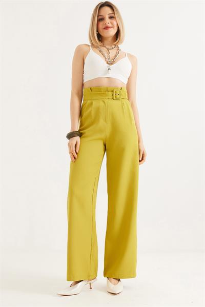 Yüksek Bel  Kemerli Bol Paça Pantolon Yeşil