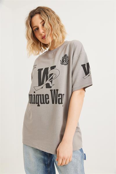 Bisiklet Yaka Baskılı Tshirt Gri