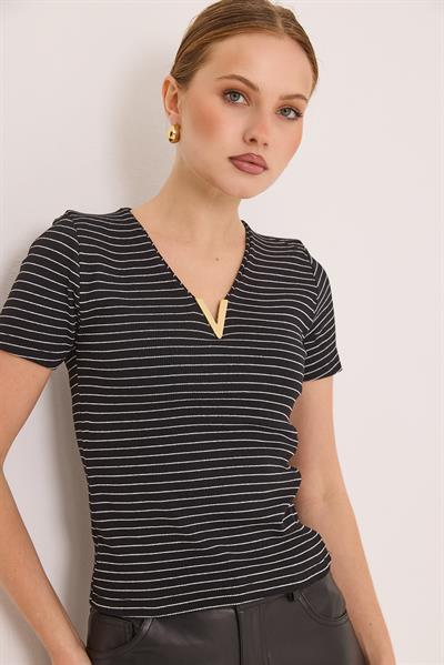 Yaka Detaylı Kaşkorse Çizgili Örme Bluz Siyah