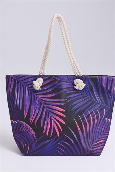 Renkli Desenli Kadın Plaj Çantası Mor