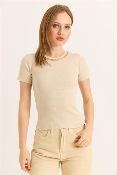 Bisiklet Yaka Zincir Detaylı Kaşkorse Bluz Vizon