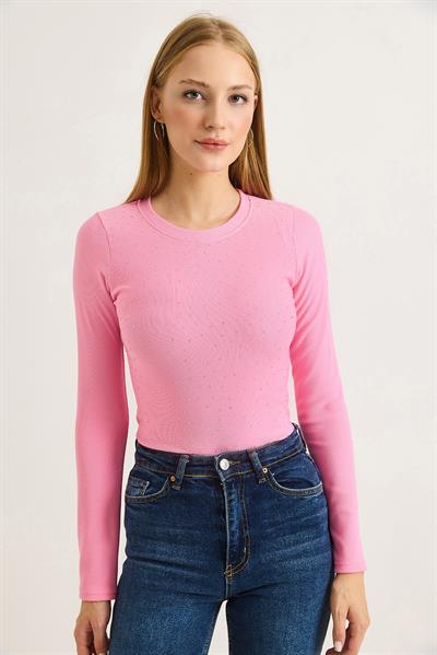 Kadın Ottoman Bisiklet Yaka Taşlı Bluz Pembe