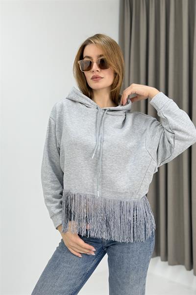 Kadın İp Saçaklı Kapuşonlu Sweatshirt Gri