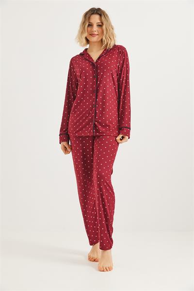 Düğmeli Uzun Kollu Pijama Takımı Kırmızı