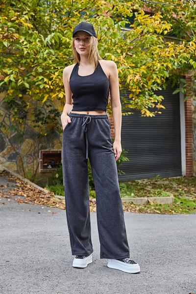 Kadın Selanik Yüksel Bel Esnek ve Dökümlü Triko Pantalon Füme