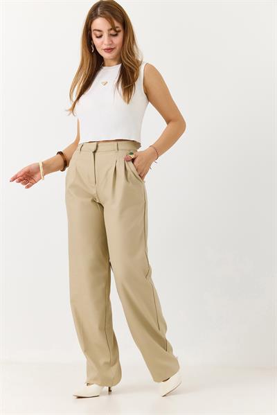 Kadın Rahat Kesim Yüksek Bel Pantolon Vizon