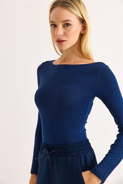 Geniş Yaka Rahat Uzun Kollu Bluz Lacivert