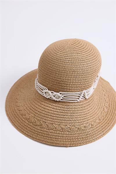 Daire Hasır Kadın Plaj Havuz Bahçe Şapkası Vizon