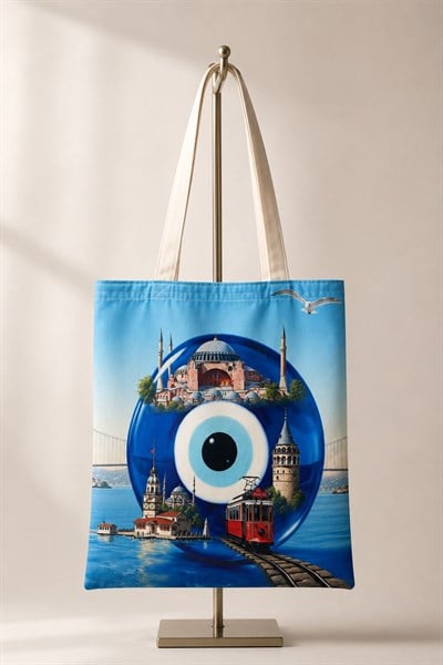 Kadın Manzaralı 40X32 Ölçülü Bez Omuz Çantası Mavi