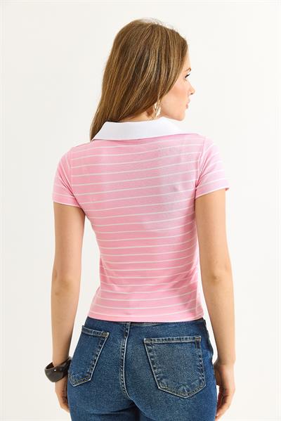 Polo Yaka Çizgi Desenli Kadın Tshirt Pembe