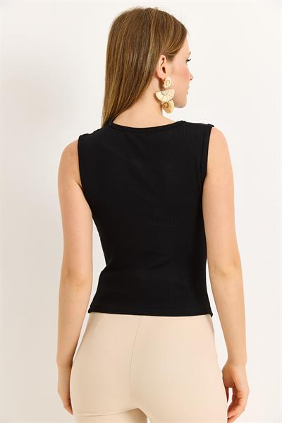 Yanları Büzgülü Pamuk Örme Bluz  Siyah