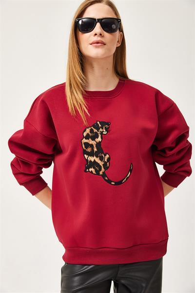 Leopar Baskılı Üç İplik Şardonlu Sweatshirt Bordo