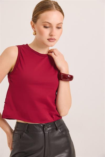 Sıfır Kol Yuvarlak Yaka Havalı Crop Tshirt Bordo